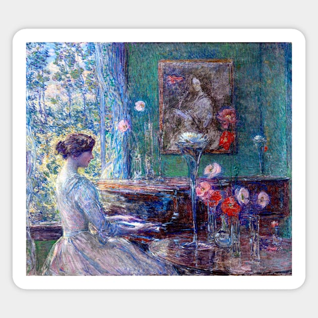 Woman Playing Piano By An Open Window Surrounded By Flowers, Childe Hassam 1899 Sticker by rocketshipretro